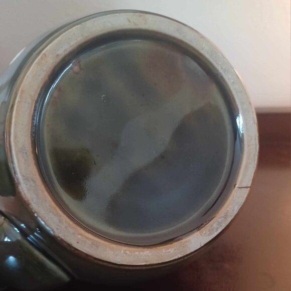 Vintage Mossy Green Ceramic Asian Teapot with Bamboo Wrapped Handle - Picture 2 of 10